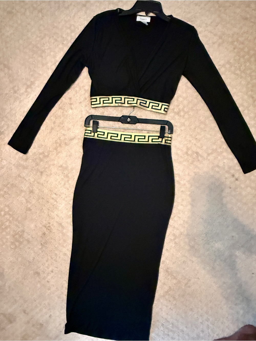 Black Long Sleeve Midi Dress with Gold Waist Trim